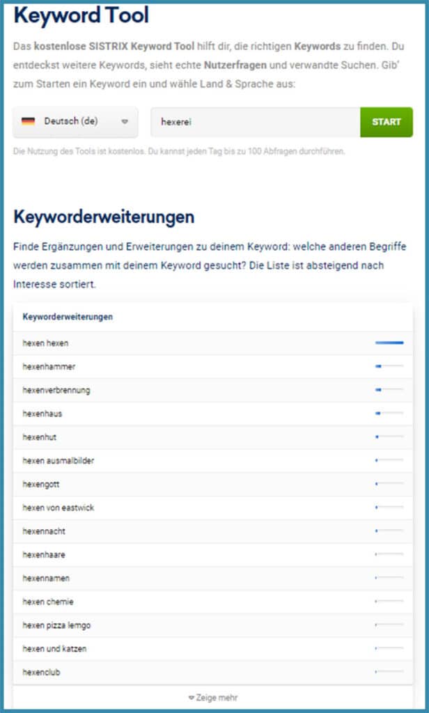 Screenshot Keyword-Tool: Keyworderweiterungen