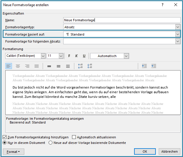 Screenshot zum Abspeichern von neuen Formatvorlagen in Microsoft Word